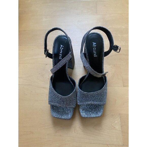 Abound "Lucia" Block Heel Platform Sandals Silver Glitter Ankle Strap - Picture 2 of 7